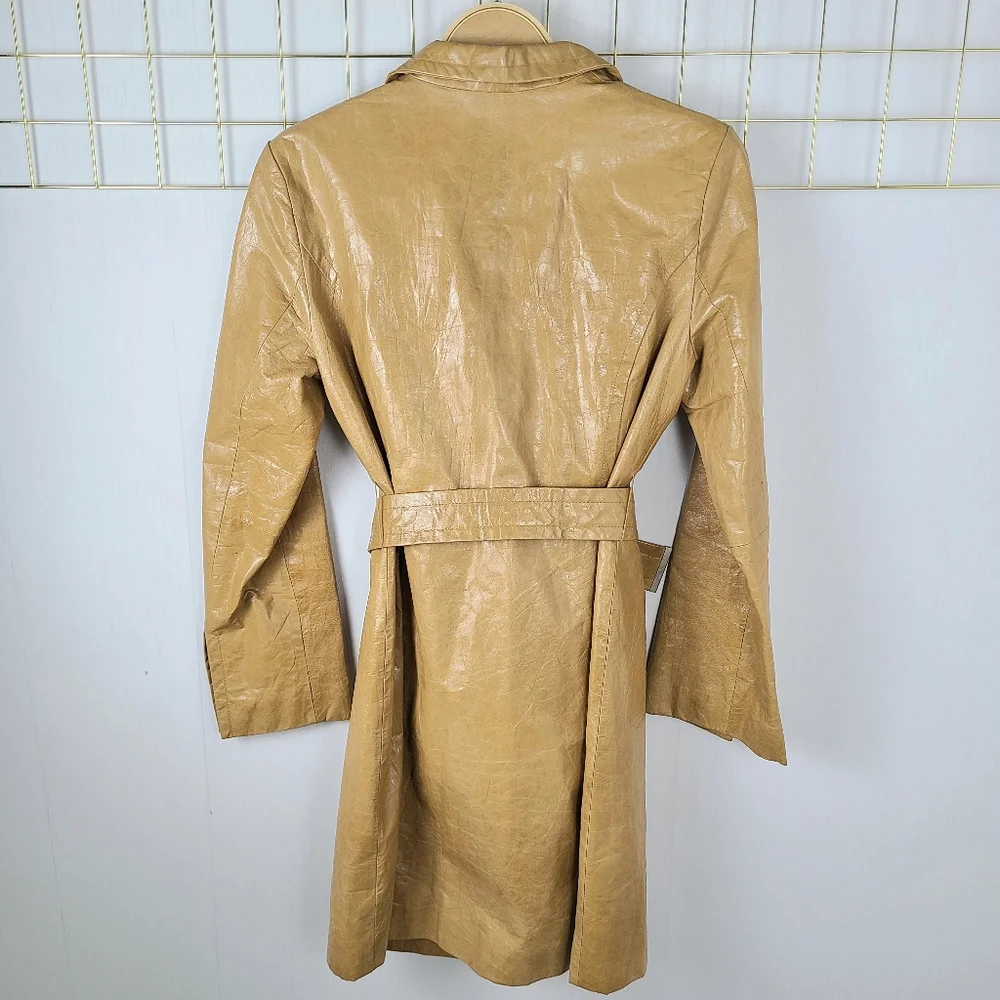 Express Y2K Tan Genuine Leather Vintage Belted Trench Coat - Picture 3 of 11